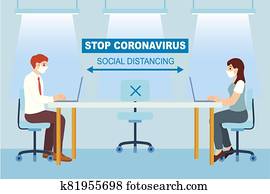 Business meeting lifestyle after pandemic covid-19 corona virus. New normal is social distancing and wearing mask. Flat design style vector concept