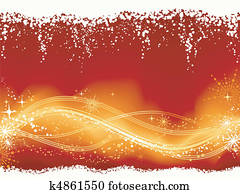 Christmas background with a wavy line pattern at the bottom third embellished with stars, snow flakes, grunge elements.