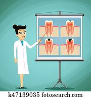 Doctor dentist shows on a blackboard diagram of the human tooth.