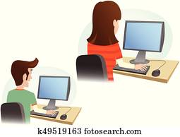 mann frau, computer, monitor