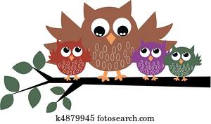 un, lindo, búho, familia