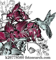 Background with orchids and hummingbird in watercolor style Background with orchids and hummingbird in watercolor style
