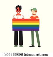 Couple of smiling white and black men, ginger and brunet, gays holding a banner with a rainbow. Couple of smiling white and black men, ginger and brunet, gays holding a banner with a rainbow.