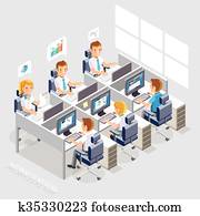 espacio trabajo, isométrico, plano, style., empresarios, trabajo encendido, un, oficina, desk.