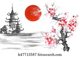 Japan Traditional japanese painting Sumi-e art Sakura Sun Temple Japan Traditional japanese painting Sumi-e art Sakura Sun Temple
