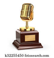 música, ou, jornalismo, distinção, concept., ouro, microfone, isolado, ligado, white.