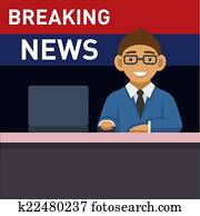 Newscaster with Computer, Breaking News. Vector