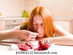 pomegranate eating girl skinny disgust anorexic kitchen young dreamstime