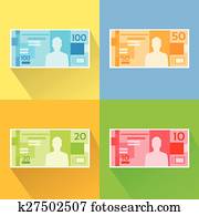 brasilianisch, echte, satz, banknote, flache, design, mit, schatten