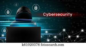 Cybersecurity concept of Hacker using computer with key icon and technology background design Cybersecurity concept of Hacker using computer with key icon and technology background design