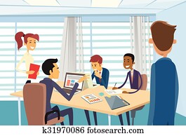 geschäftsmenschen, versammlung, besprechen, bürotisch