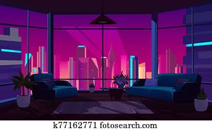 Living room with panoramic window, cozy apartment Living room with panoramic window, cozy apartment