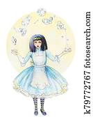 Mad Tea Party of Alice. Hand drawn illustration of young black haired girl with different tea equipment . Pen and pencil drawing on white background Mad Tea Party of Alice. Hand drawn illustration of young black haired girl with different tea equipment . Pen and pencil drawing on white background