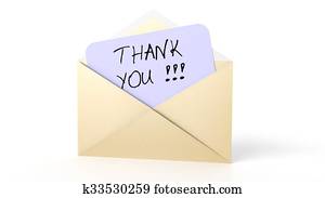 Open yellow envelope with Thank you! note, isolated on white.