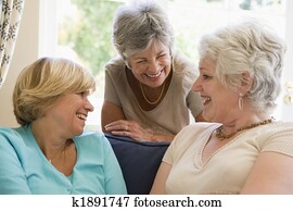 Three women in living room talking and smiling