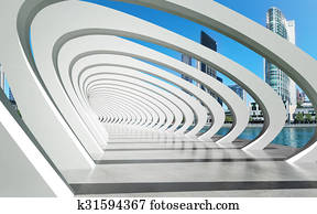 Futuristic exterior structure under arcs on river Futuristic exterior structure under arcs on river