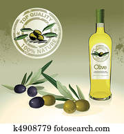 Olive oil bottle, label and olives Olive oil bottle, label and olives