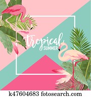 Tropical Flowers and Flamingo Summer Banner, Graphic Background, Exotic Floral Invitation, Flyer or Card. Modern Front Page in Vector Tropical Flowers and Flamingo Summer Banner, Graphic Background, Exotic Floral Invitation, Flyer or Card. Modern Front Page in Vector