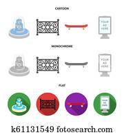 מזרקה, גדר, החלק, billboard., חנה, קבע, אוסף, איקונים, ב, ציור היתולי, דירה, בצבע אחד, סיגנון, מפת סיביות, סמל, אחסן דוגמה, web.