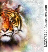 tiger collage on color abstract background and mandala with ornamet , wildlife animals. tiger collage on color abstract background and mandala with ornamet , wildlife animals.