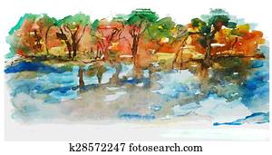 Watercolor nature landscape with lake and trees Watercolor nature landscape with lake and trees