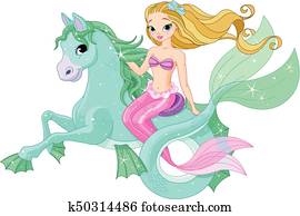 bonito, sereia, montando, cavalo-marinho