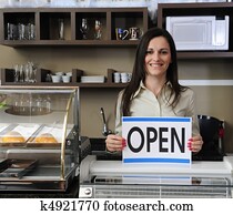 Happy owner of a caf? showing open sign Happy owner of a caf? showing open sign