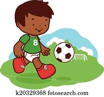 Little boy playing soccer at the football field. A whole and a sliced melon. Vector illustration