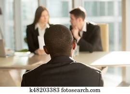 nervös, african-american, sökande, väntan, för, beslut, eller, resultat