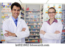 retrato, de, farmacêuticos, em, farmácia