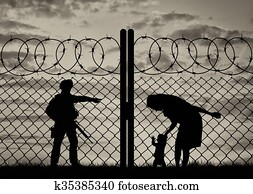 silueta, refugiado, madre, con, un, bebé