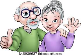 caricatura, pareja edad avanzada