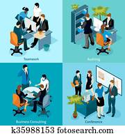 gente, en, trabajo, isométrico, icono, conjunto