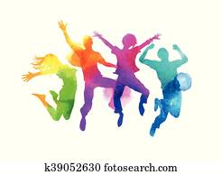 Watercolour Jumping Group of Friends Vector