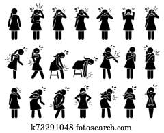 אישה, בעל, כאב, ו, כאבים, ב, שונה, חלקים, של, ה, גוף, cliparts.