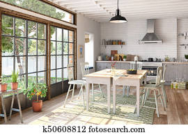 3d render - scandinavian flat - kitchen - dining room 3d render - scandinavian flat - kitchen - dining room