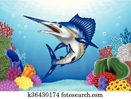 Cartoon Blue Marlin with Coral Reef Cartoon Blue Marlin with Coral Reef