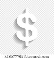Dollars sign illustration. USD currency symbol. Money label. Vector. White icon with soft shadow on transparent background. Dollars sign illustration. USD currency symbol. Money label. Vector. White icon with soft shadow on transparent background.
