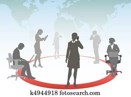 empresarios, conectar, elegante, teléfono, tacto, computadora, tableta, computador portatil, en, un, medios, red