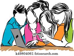 gente, el mirar, computador portatil, vector, ilustración