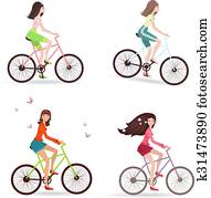 gyönyörű women, vannak, lovaglás, képben látható, bicycles