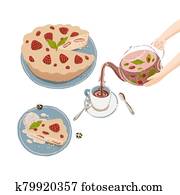 Cartoon tea party with flavor herbal berry tea in glass teapot and homemade strawberry pie. Illustration of delicious baking with fruits and tea pouring in teacup from teapot held by hands. Cartoon tea party with flavor herbal berry tea in glass teapot and homemade strawberry pie. Illustration of delicious baking with fruits and tea pouring in teacup from teapot held by hands.