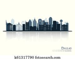 dallas, blau, skyline silhouette, mit, reflexion.