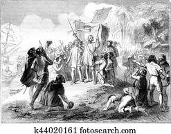 Discovery of the New World by Christopher Columbus, vintage engraving.