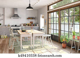 3d render - scandinavian flat - kitchen - dining room 3d render - scandinavian flat - kitchen - dining room