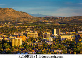 Evening light on on distant mountains and the city of Riverside,