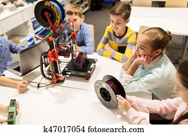 feliz, crianças, com, 3d, impressora, em, robótica, escola