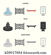 fontijn, omheining, schaatsen, billboard., park, set, verzameling, iconen, in, spotprent, black, monochroom, stijl, vector, symbool, bevoorraden illustratie, web.