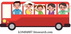 Happy family and tourist bus