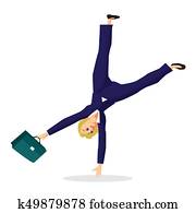 mujer de negocios, somersaults, encima, ella, head., alegría, y, felicidad, de, luck., vector, plano, diseño, ilustración, aislado, blanco, plano de fondo